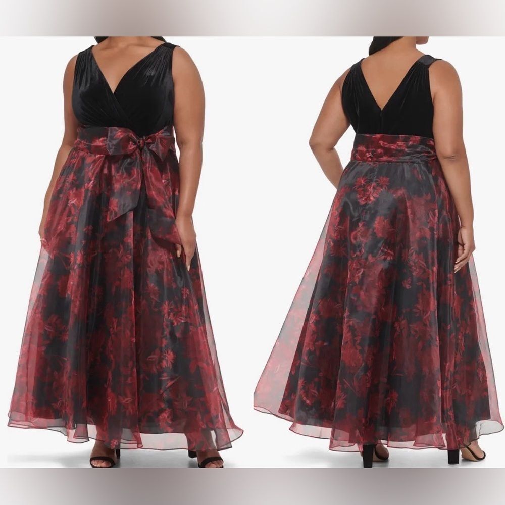NEW ELIZA J V-Neck Mixed-Media Organza Floral Sleeveless belted Gown Sz 20 W